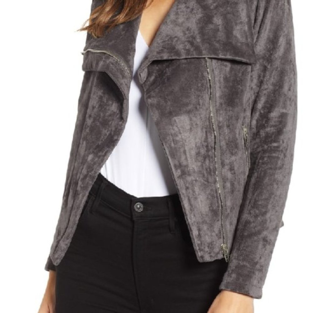 NWT BLANKNYC Gray Faux Suede Machine Washable Draped Moto Jacket, Size Small